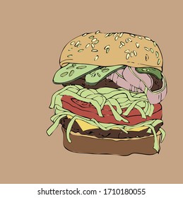 burger liner drawing.vector retro illustration for cafe or restaurant