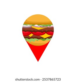 Símbolo de ubicación de la hamburguesa del mapa. Señal de ubicación de comida rápida de pin. Mark en el mapa