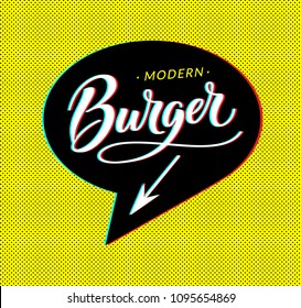Burger logo in bubble cloud with arrow on dotted background for sign, banner, poster. Modern glitch effect and cloud talk. Burger word for fast food restaurant menu. Vector illustration. EPS 10