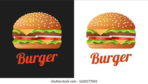 Burger Logo for Cafe shop with Fastfood. Vector illustration of colorful Sandwich on white and black background with caption.