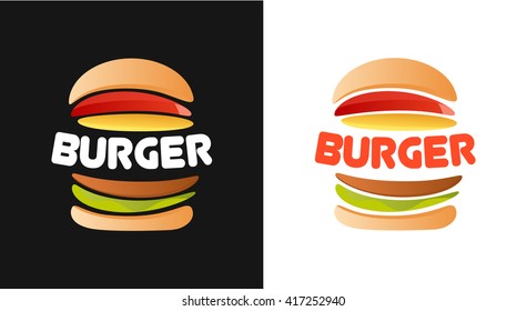 Burger Logo with caption, Vector Illustration isolated on white and black