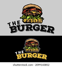 EL LOGO DE BURGER. Gran hamburguesa coloreada, dibujo de la mano de hamburguesa, dibujo vectorial de dibujo estilo retro. Logo de la hamburguesa, bocadillo grande y sabroso, ilustración vectorial, estilo vintage. Diseño, dibujo a mano a partir de un esbozo 