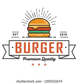 Diseño del logo Burger, para una tienda moderna de comida rápida. Ilustración de insignia retro.