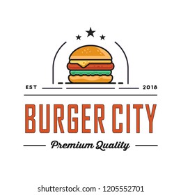 Burger logo design, for a fast food modern store. Retro badge illustration.