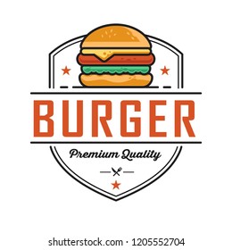 Diseño del logo Burger, para una tienda moderna de comida rápida. Ilustración de insignia retro.