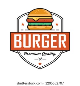 Burger logo design, for a fast food modern store. Retro badge illustration.