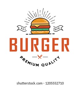 Burger logo design, for a fast food modern store. Retro badge illustration.