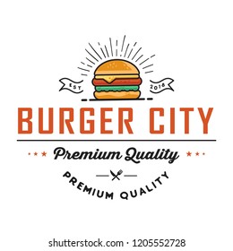 Burger logo design, for a fast food modern store. Retro badge illustration.