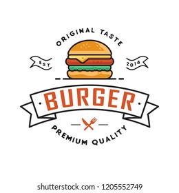 Burger logo design, for a fast food modern store. Retro badge illustration.