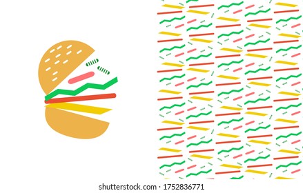 Burger logo design, flat style including pattern to match. Vector logo template for companies branding, especially restaurants and fast food