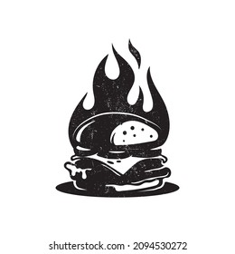 Burger logo design idea. Logo concept for fast food restaurant with grilled tasty burger and hot flames. Diner or snack bar barbecue symbol template.