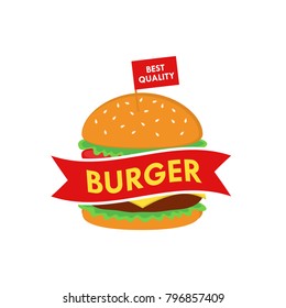 Burger Logo Design Vector with Ribbon. Fast Food Logo