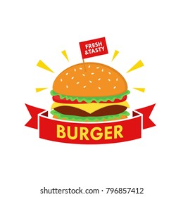 Burger Logo Design Vector with Ribbon. Fast Food Logo