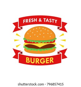 Burger Logo Design Vector with Ribbon. Fast Food Logo