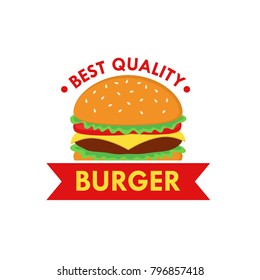 Burger Logo Design Vector with Ribbon. Fast Food Logo
