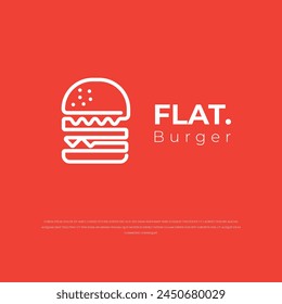 Burger logo in flat design with simple white line art and red background for burger shop template