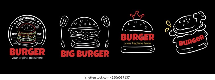 Burger Logo in Hand Drawn Outline. Set of Fast Food Logos in Doodle Style