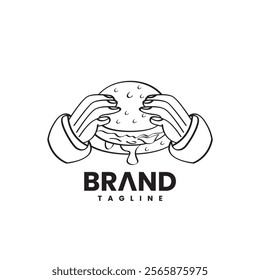 Burger logo illustration design with a hand holding a burger. Vector isolated black and white burger logo design concept