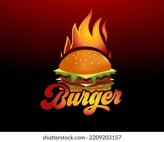 Ilustración del logotipo de la hamburguesa, logotipo de comida rápida - Vector de fondo negro rojizo