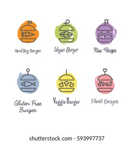 Burger logo in linear style with hand drawn elements. Burgers with organic vegetables, beans, mushrooms. For grill cafe or restaurant.