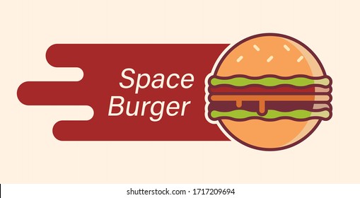 Burger logo as planet flying in the space. Space burger banner. Hamburger for lunch signboard. Flying fast line cheeseburger banner. Vector illustration