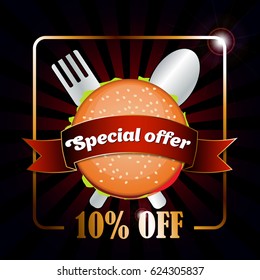 Burger Logo With Ribbon On The Black Background. Special Offer 10% Off. Vector Illustration