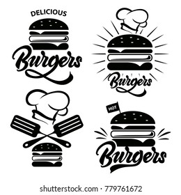 Burger logo set with lettering. Emblem, icon, label for restaurant or cafe design. Lettering illustration.Vector