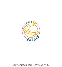 Logotipo de hamburguesa con combinación de planeta espacial en estilo de diseño de arte de línea