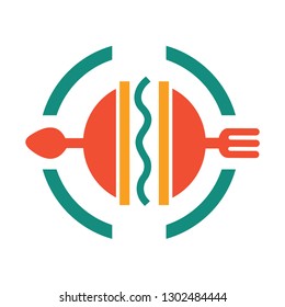 burger logo, spoon and fork with circle