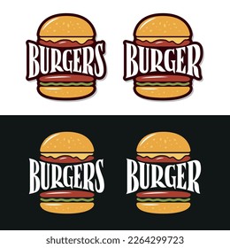 Burger logo template. Hand drawn burgers calligraphy. Street food typography emblem, label, sticker. Burger advertising poster. Vector vintage illustration.