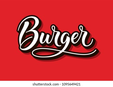 Burger logo, text and word. Calligraphy and script typography in vintage american script style. Burger isolated. Simple symbol and modern sign for fast food. Vector illustration. EPS 10