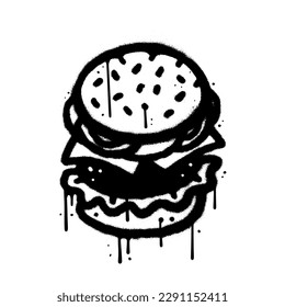 Burger logo in urban graffiti style. Street art with street food. Junk snack isolated element. Wall art in 90s typography design for poster, card, t-shirt, banner, sticker. Vector illustration.