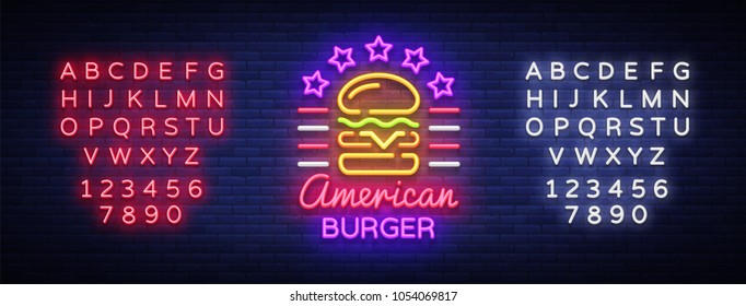 Burger logo vector. American burger, design template light emblem, burger street food neon sign, light banner, neon night fast food advertisement, design element sandwich. Editing text neon sign