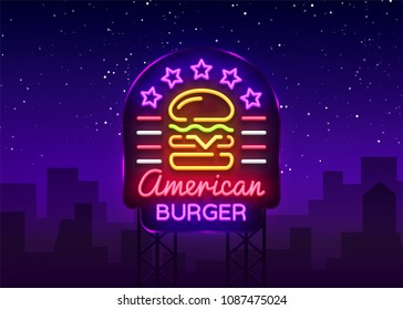 Burger logo vector. American burger, design template light emblem, burger street food neon sign, light banner, neon night fast food advertisement, billboard design element sandwich. Billboard