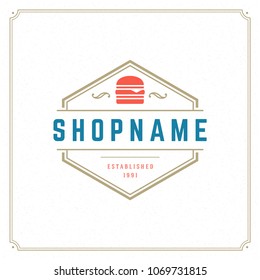 Burger logo vector illustration. Hamburger silhouette, good for restaurant menu and cafe badge. Vintage typography emblem design.