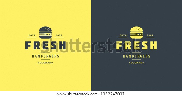 Burger logo vector illustration hamburger\
silhouette good for restaurant menu and cafe badge. Vintage\
typography emblem\
design.