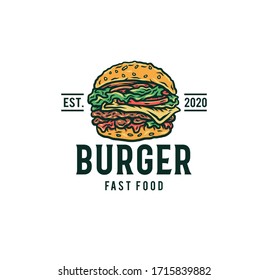 Burger logo vector illustration, hand drawn line with digital color