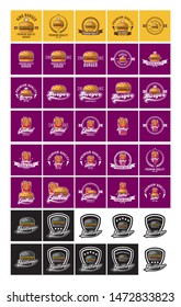 Burger logos. Set of 40 burger badges for your business. Modern design templates for corporate. Vector illustration Sets of burger shop icon logo design