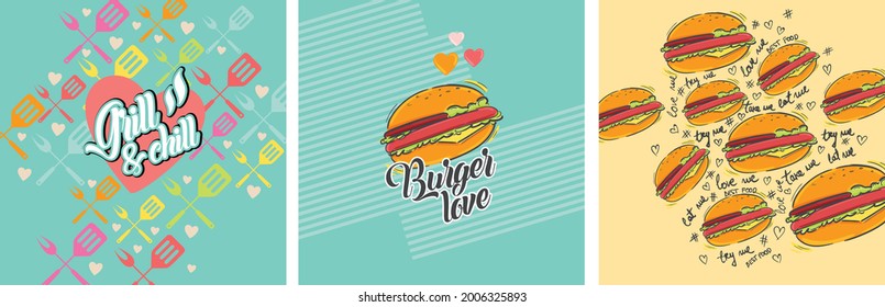 Burger Love. Food vector illustration. Fast food icon. Grill and Chill.