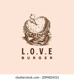 Burger with love shape vintage handdrawn logo design template inspiration