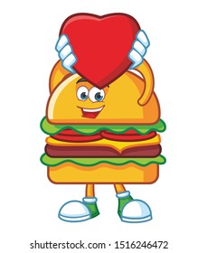 burger with love symbol cartoon character mascot design vector