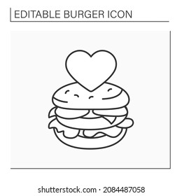 Icono de la línea de amor de hamburguesas. Forma cardíaca sobre hamburguesa. Amor por la comida poco saludable. Concepto de comida rápida. Ilustración vectorial aislada. Trazo editable