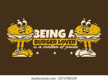 Burger lover mascot character with leg illustration design in retro colors