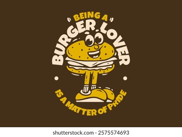 Burger lover mascot character with leg illustration design in retro colors