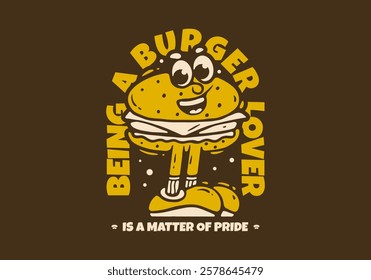 Burger lover mascot character with leg illustration design in retro colors