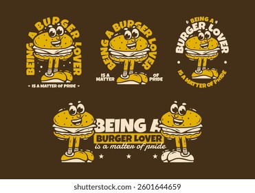 Burger lover mascot character with leg illustration design in retro colors