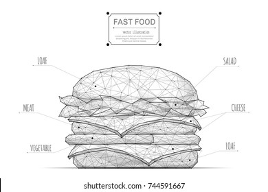 Burger low poly wireframe isolated black on white background. Abstract mash line and point origami. Vector polygon illustration. Fast food with geometry triangle. Light connection digital structure.