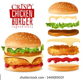 Burger maker constructor crispy chicken cutlet with isolated elements which are easy to change and move on white background with separate isolated ingredients. Vector svg