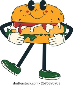 Mascote para hambúrgueres em Groovy Cartoon Design. Ilustração de caractere vetorial.