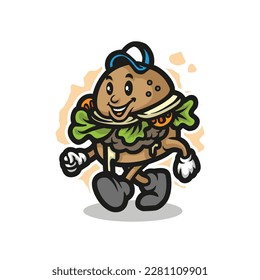 Burger mascot logo design with modern illustration concept style for badge, emblem and tshirt printing. Cute burger illustration.
